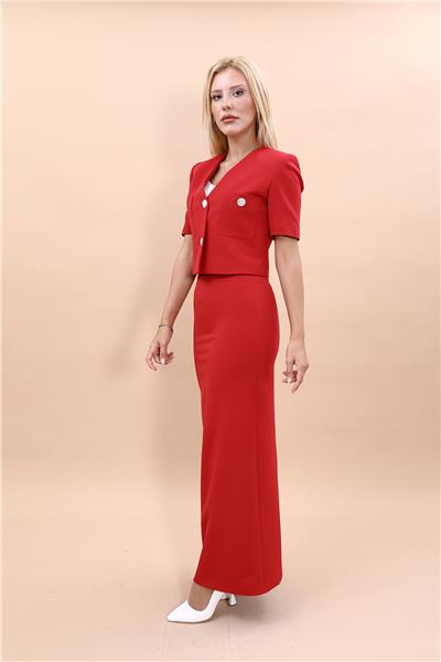 V Yaka  Kısa Ceket & Uzun Düz Dar Etek-Kırmızı