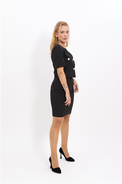 V Yaka  Kısa Ceket & Yırtmaçlı Düz Dar Etek-Siyah
