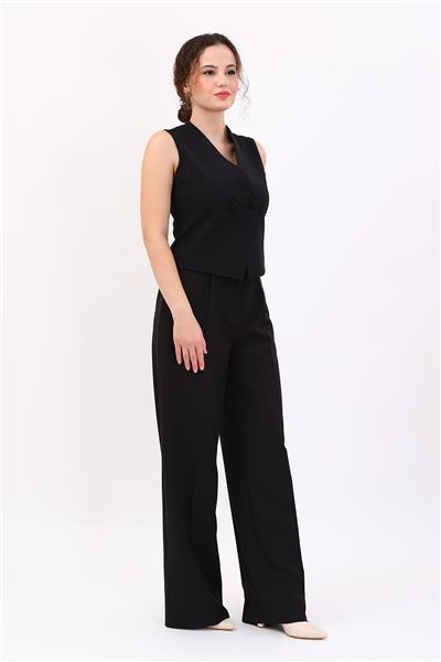 V Yaka Kruvaze Kısa Yelek & Cepli Klasik Palazzo Pantolon Kadın Takım Elbise-Siyah