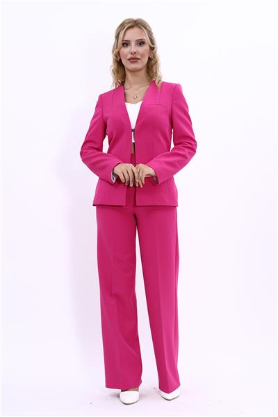 V Yaka Kurumsal Kılasik Ceket & Bol Paça Pantolon Kadın Takım Elbise -Fuşya