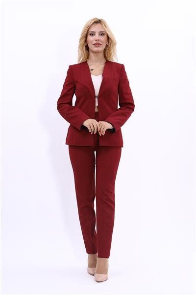 V Yaka Kurumsal Klasik Ceket & Dar Paça Pantolon Kadın Takım Elbise -Bordo
