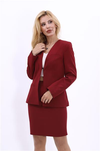 V Yaka Kurumsal Klasik Kadın Ceket-Bordo