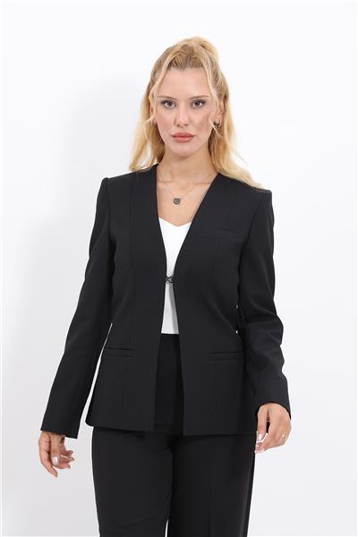 V Yaka Kurumsal Klasik Kadın Ceket-Siyah