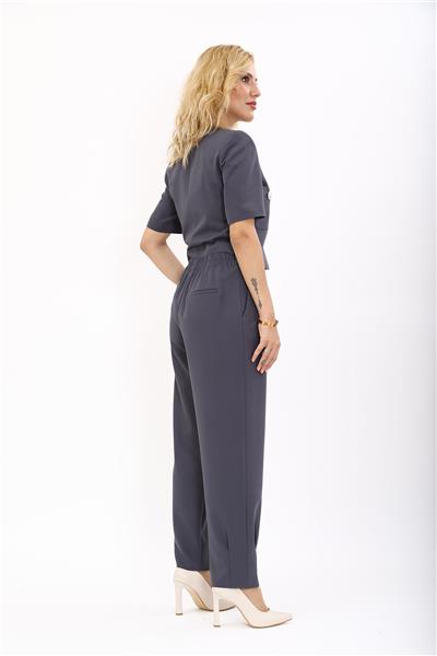 V Yaka Mini Ceket & Cepli Paçası pileli spor Pantolon Kadın Takım Elbise-Füme