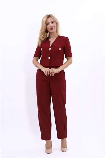 V Yaka Mini Ceket & Cepli Paçası pileli spor Pantolon Kadın Takım Elbise-Bordo