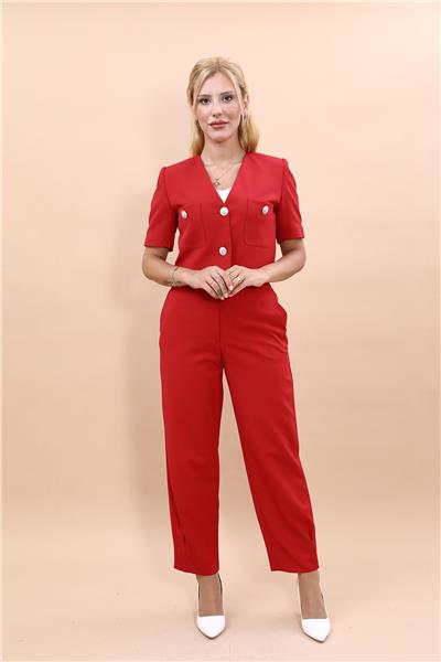 V Yaka Mini Ceket & Cepli Paçası pileli spor Pantolon Kadın Takım Elbise-Kırmızı