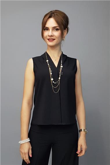 V Yaka Omuz Pileli Kolsuz Bluz-Siyah