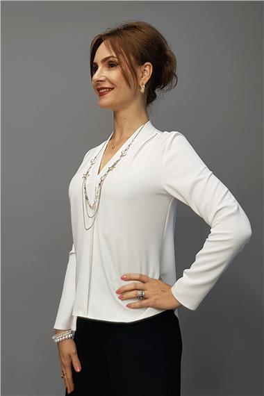 V Yaka Omuz Pileli Uzun Kol Bluz-Beyaz