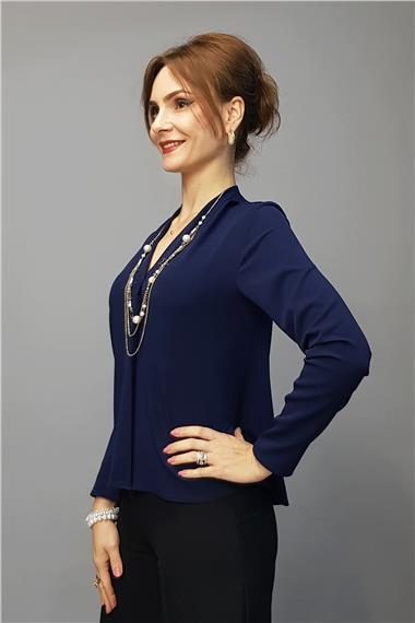 V Yaka Omuz Pileli Uzun Kol Bluz-Lacivert