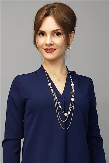 V Yaka Omuz Pileli Uzun Kol Bluz-Lacivert