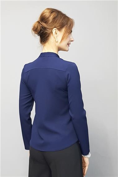 V Yaka Omuz Pileli Uzun Kol Bluz-Lacivert