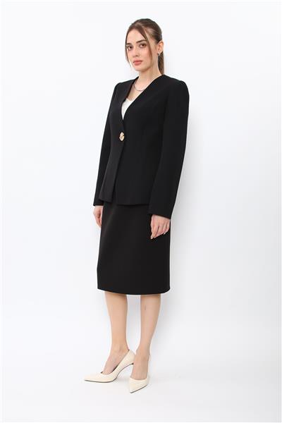 V Yaka Tek Düğmeli Ceket & Düz Dar Etek-Siyah