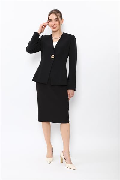 V Yaka Tek Düğmeli Ceket & Düz Dar Etek-Siyah