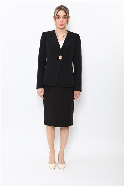 V Yaka Tek Düğmeli Ceket & Düz Dar Etek-Siyah