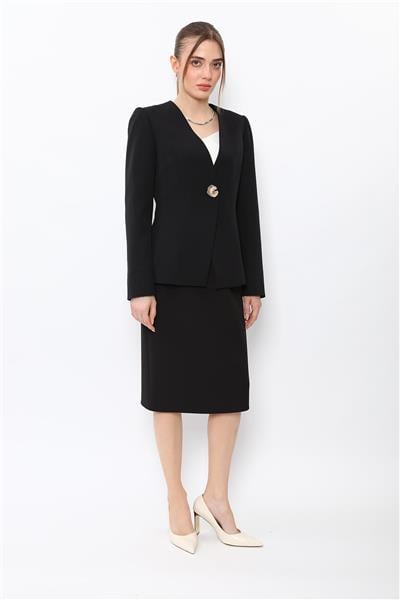 V Yaka Tek Düğmeli Ceket & Düz Dar Etek-Siyah