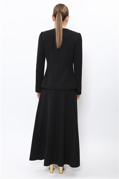 V Yaka Tek Düğmeli Ceket & Kemerli 8 Parça Etek-Siyah