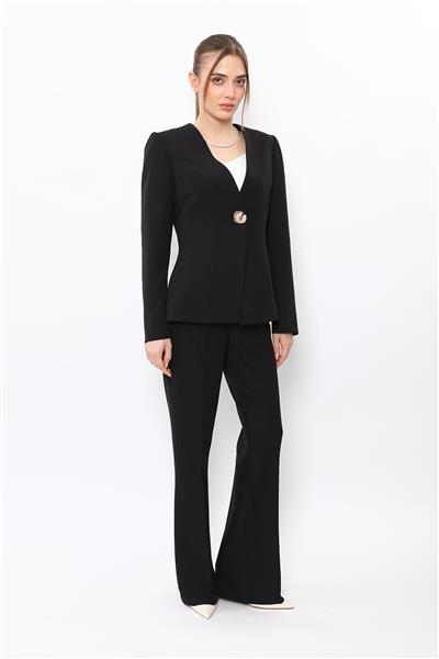 V Yaka Tek Düğmeli Ceket & Kemerli İspanyol Paça Pantolon-Siyah
