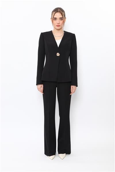 V Yaka Tek Düğmeli Ceket & Kemerli İspanyol Paça Pantolon-Siyah