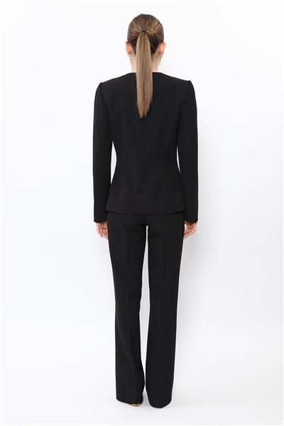 V Yaka Tek Düğmeli Ceket & Kemerli İspanyol Paça Pantolon-Siyah