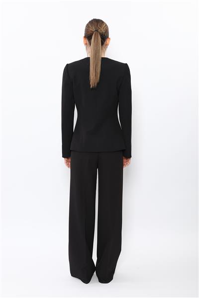 V Yaka Tek Düğmeli Ceket & Korsaj Kemer Palazzo Pantolon-Siyah