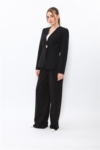 V Yaka Tek Düğmeli Ceket & Korsaj Kemer Palazzo Pantolon-Siyah