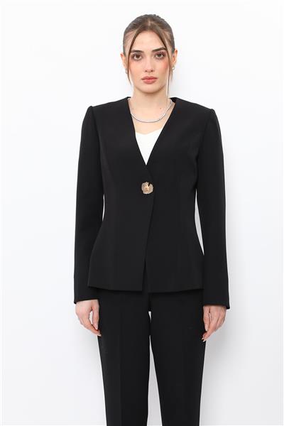 V Yaka Tek Düğmeli Ceket-Siyah