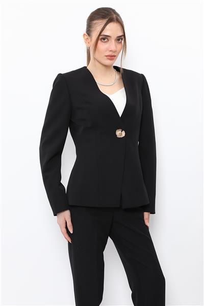 V Yaka Tek Düğmeli Ceket-Siyah