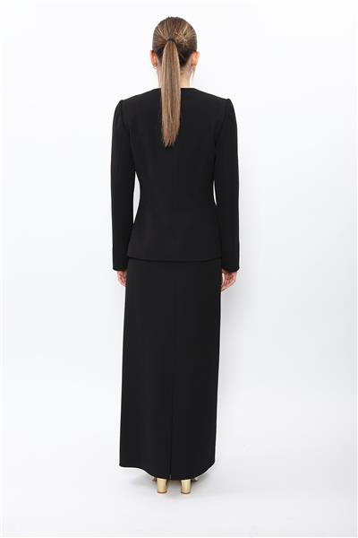 V  Yaka Tek Düğmeli Ceket & Uzun Düz Dar Etek-Siyah