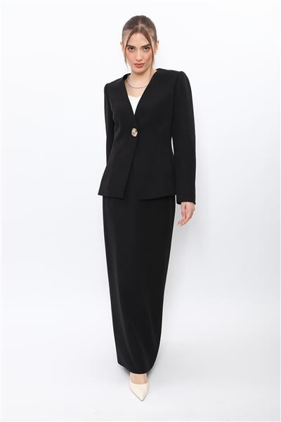 V  Yaka Tek Düğmeli Ceket & Uzun Düz Dar Etek-Siyah