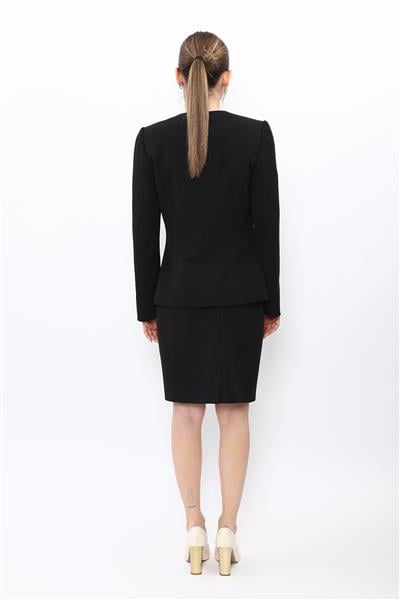 V Yaka Tek Düğmeli Ceket & Yırtmaçlı Düz Dar Etek-Siyah