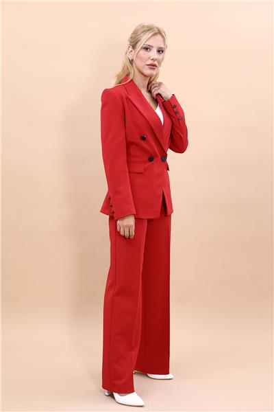 Yakalı Kruvaze Modern Ceket & Bol Paça Pantolon Kadın Takım Elbise -Kırmızı