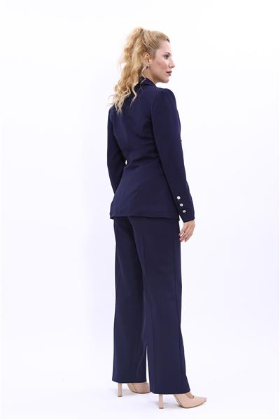 Yakalı Kruvaze Modern Ceket & Bol Paça Pantolon Kadın Takım Elbise -Lacivert
