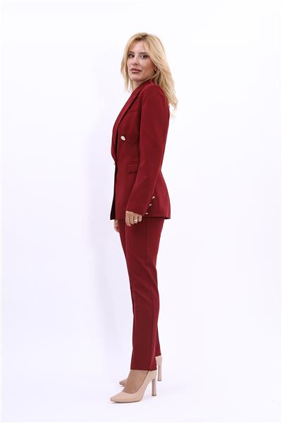 Yakalı Kruvaze Modern Ceket & Dar Paça Pantolon Kadın Takım Elbise -Bordo