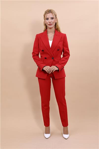 Yakalı Kruvaze Modern Ceket & Dar Paça Pantolon Kadın Takım Elbise -Kırmızı