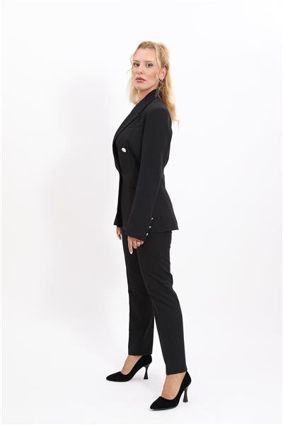 Yakalı Kruvaze Modern Ceket & Dar Paça Pantolon Kadın Takım Elbise -Siyah