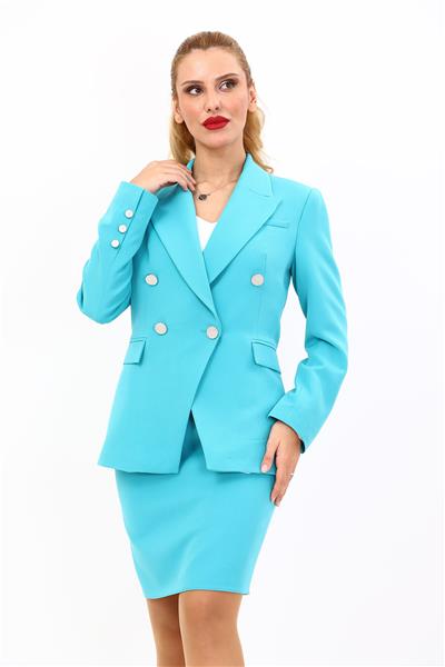 Yakalı Kruvaze Modern Ceket & Mini Yırtmaçlı Kısa Dar Etek Kadın Takım Elbise -Turkuaz