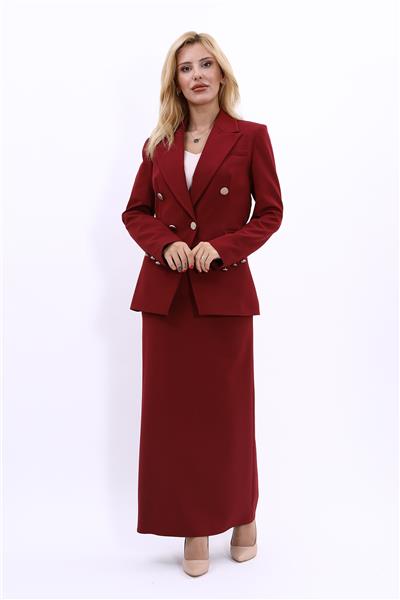 Yakalı Kruvaze Modern Ceket &  Uzun Kalem Etek Tesettür  Kadın Takım Elbise -Bordo