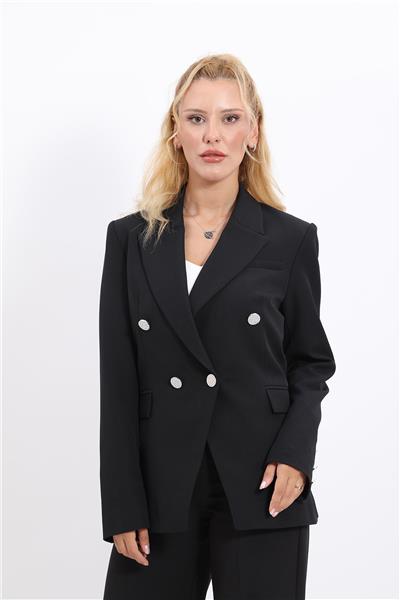 Yakalı Kruvaze modern Kadın Ceket-Siyah