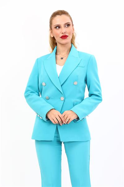 Yakalı Kruvaze modern Kadın Ceket-Turkuaz