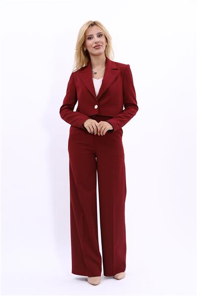 Yakalı Mini Ceket & Cepli Klasik Palazzo Pantolon Kadın Takım Elbise-Bordo
