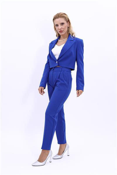 Yakalı Mini Ceket & Cepli Pileli Dar Paça Pantolon Kadın Takım Elbise-Saks