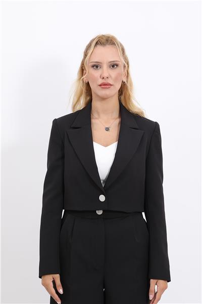 Yakalı Mini Kadın Ceket-Siyah