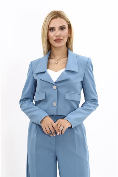Yakalı Mini Kadın Spor Ceket -Deniz