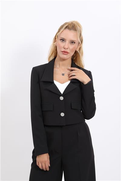Yakalı Mini Kadın Spor Ceket -Siyah