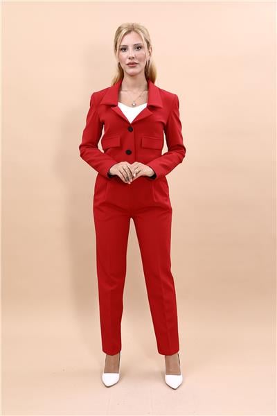 Yakalı Mini Spor Ceket & Cepli Pileli Dar Paça Pantolon Kadın Takım Elbise-Kırmızı
