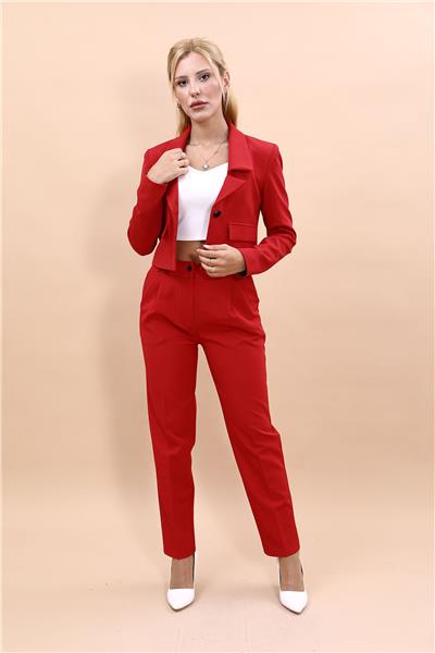 Yakalı Mini Spor Ceket & Cepli Pileli Dar Paça Pantolon Kadın Takım Elbise-Kırmızı