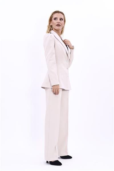 Yakalı Model Ceket  & Bol Paça Pantolon Kadın Takım Elbise-Bej