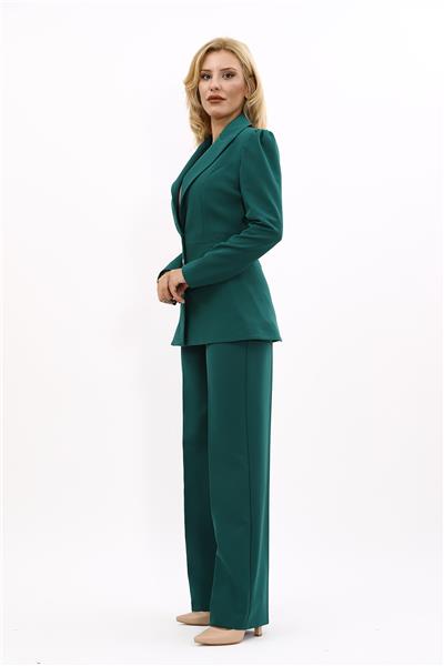 Yakalı Model Ceket  & Bol Paça Pantolon Kadın Takım Elbise-Zümrüt