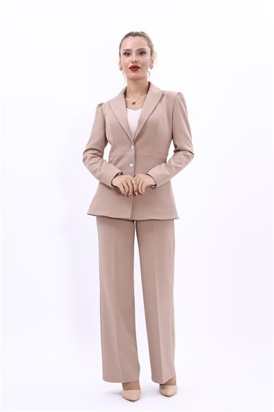 Yakalı Model Ceket  & Bol Paça Pantolon Kadın Takım Elbise-Taş