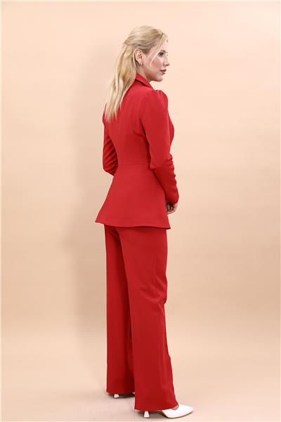 Yakalı Model Ceket  & Bol Paça Pantolon Kadın Takım Elbise-Kırmızı
